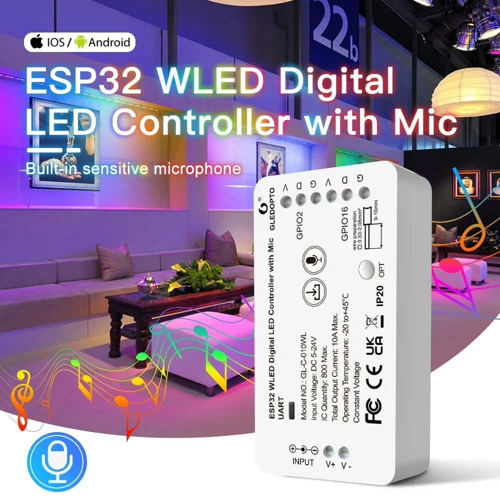 ESP32 WLED LED Controller With Mic DIY Music Dynamic Modes For SK6812 WS2811 WS2812  WS2815 IC Strip Lights DC 5-24V