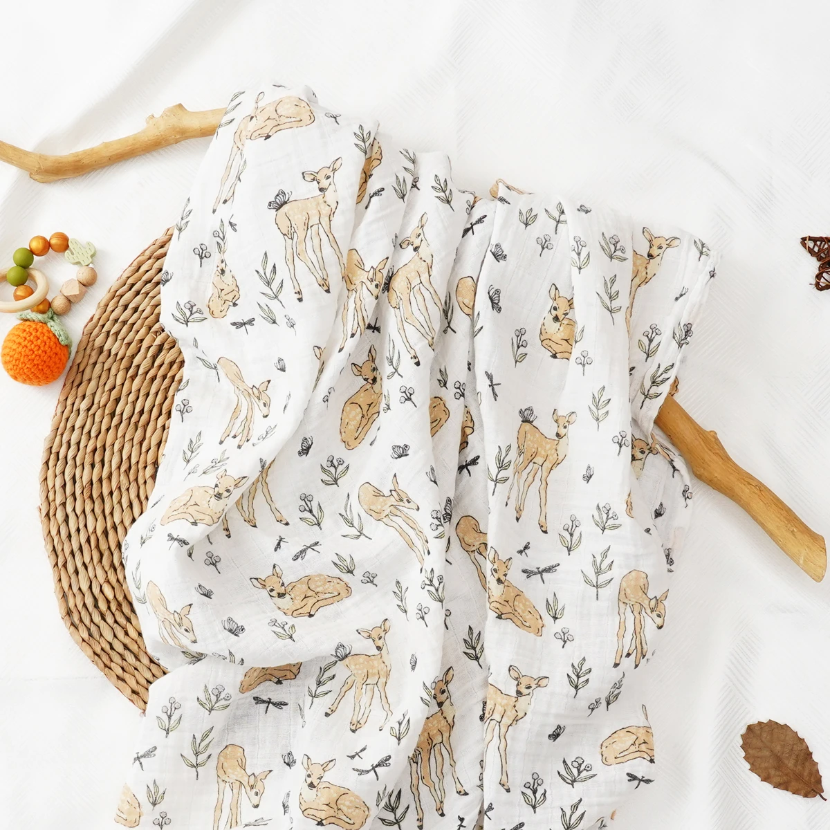 HappyFlute 1PCS Nature Printing 120*110CM  Muslin Cotton Fabric Baby Swaddle Light Blanket Baby Infant Wrap