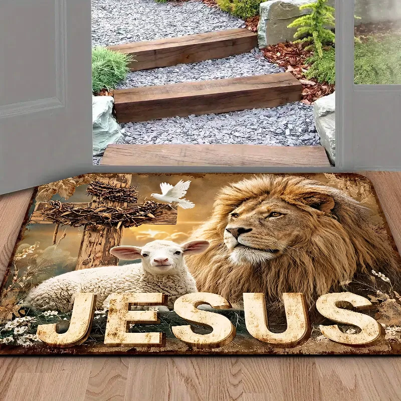 1pc Christian Theme Mat, Lion And Lamb Pattern, Non-Slip Door Mat, Suitable for Indoor Outdoor Front Door, Kitchen, Living Roo