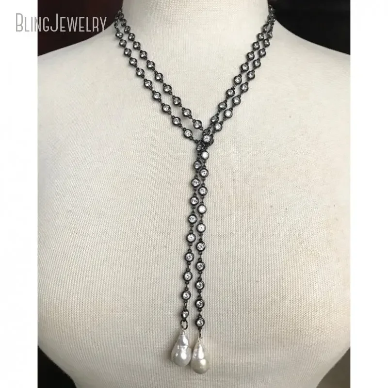 5pcs Baroque Freshwater Pearl Lariat Y Necklace Gunmetal ZirCON Chain Women Collares Jewelry