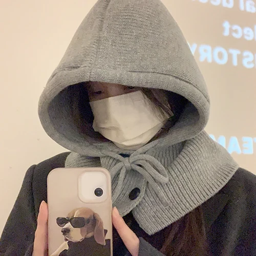 패션 겨울 모자 스카프 세트, 양모 니트 후드 캡, 바라클라바 넥 워머 스카프 숄, 고딕 풀오버 모자, 비니 보넷 