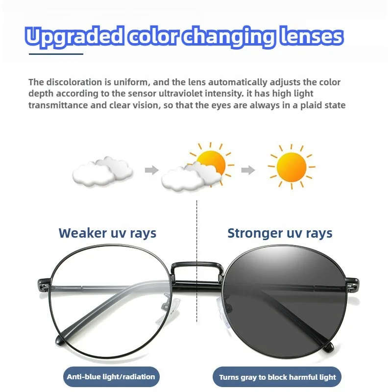 Photochrome Brille Damen Herren Outdoor Farbwechselbrille Metall ovaler Rahmen mit austauschbarer Linse Brille Studentenbrille – Detail 1