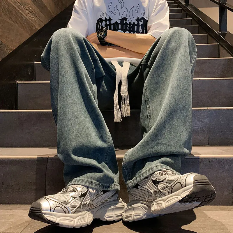 

New Straight Jeans men Elastic waist Spring New Vintage Casual Baggy Jeans Korean Youth Trousers Classic Wide Leg Denim Pants
