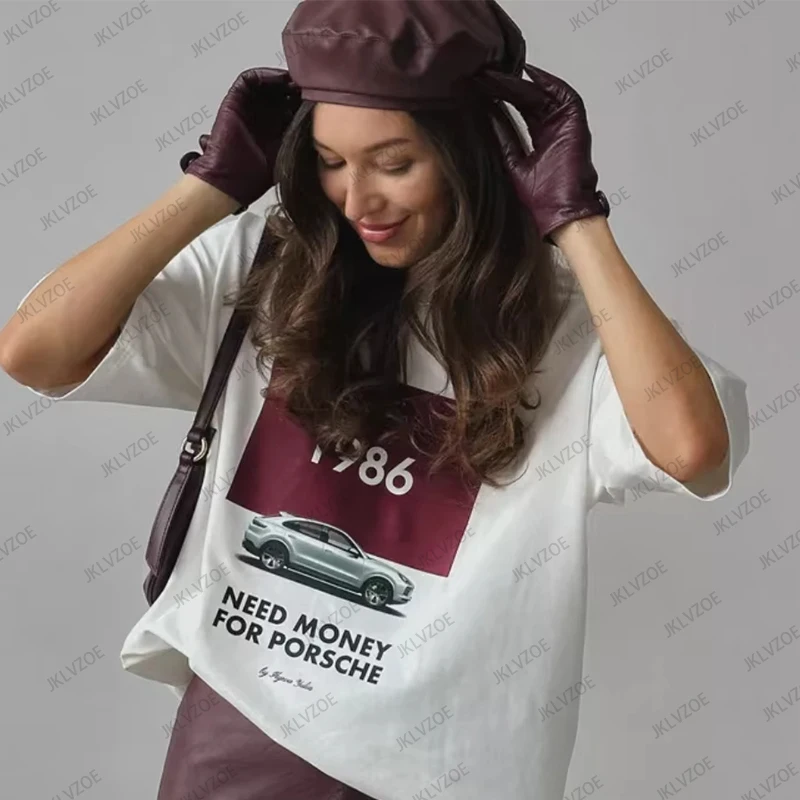 

Новинка 2025, винтажные модные хлопковые футболки с круглым вырезом и короткими рукавами с принтом автомобиля, женские и мужские футболки в европейском и американском стиле, уличные повседневные топы Y2K