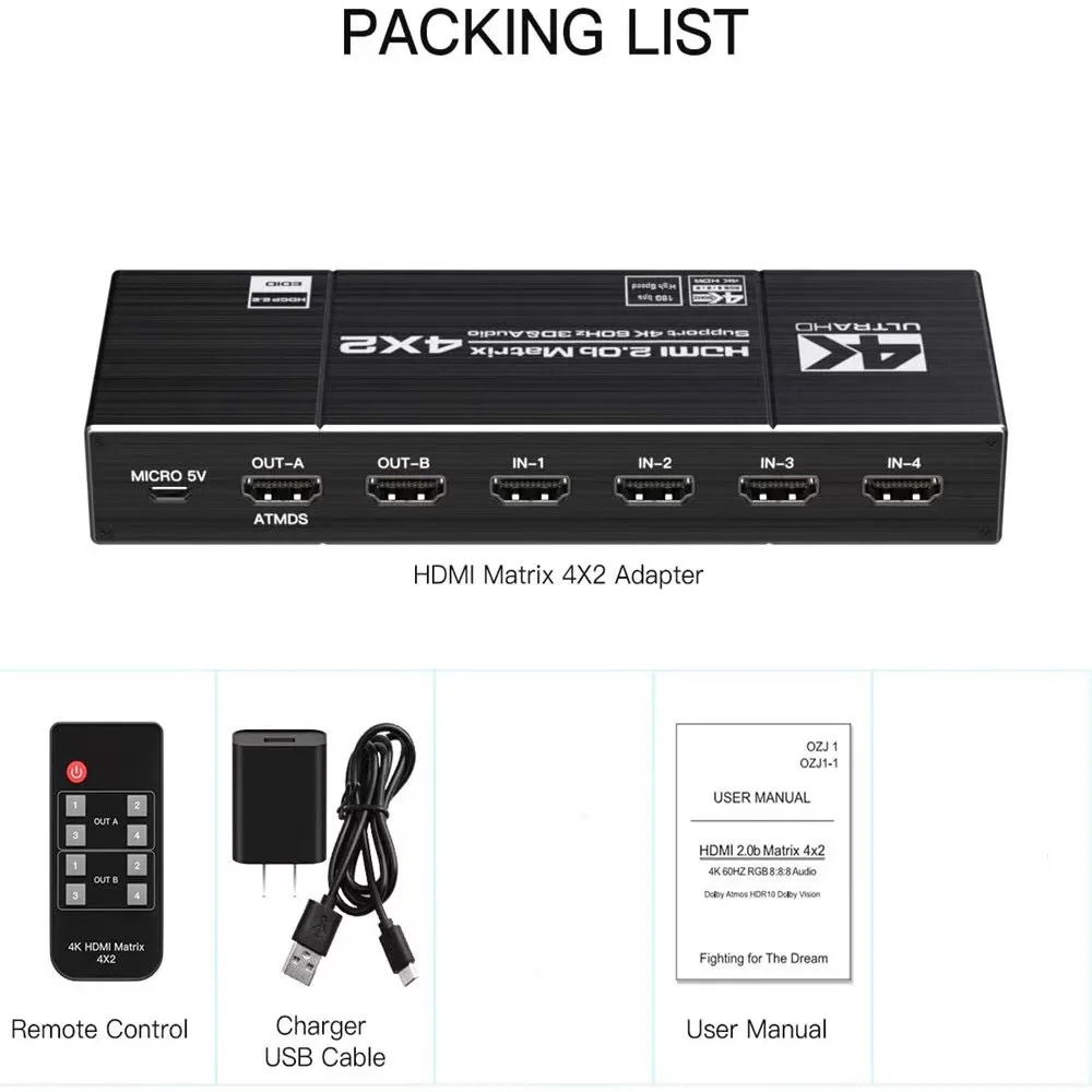 HDMI Switcher 4x2 Video Adapter 4 in 2 Out 6 Port 4K HDMI Matrix Switch With Remote Premium 4K@60Hz HDMI2.0 Switcher Selector