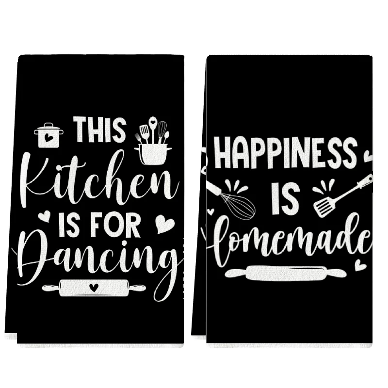 2Pcs, Kitchen Towels with Fun Text on Black Background, 40Cm*60Cm Towel Set, Super Absorbent Soft Cleaning Cloth, Cooking and Baking Tea Towel, Hand Towel, Cleaning Cloth, Dishcloth, Kitchen Decoration, Living Room Decoration, Kitchen Essentials, Home Essentials