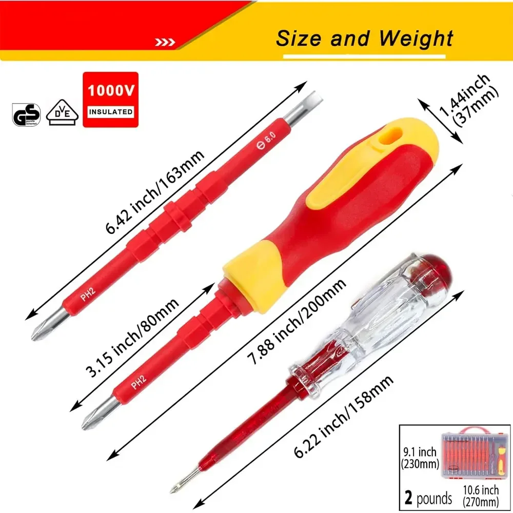 Prodrill 1000V Prodrill-Insulated Electrician Screwdriver Set Strong Magnetic Bit with Handle Slotted Torx Hex Square