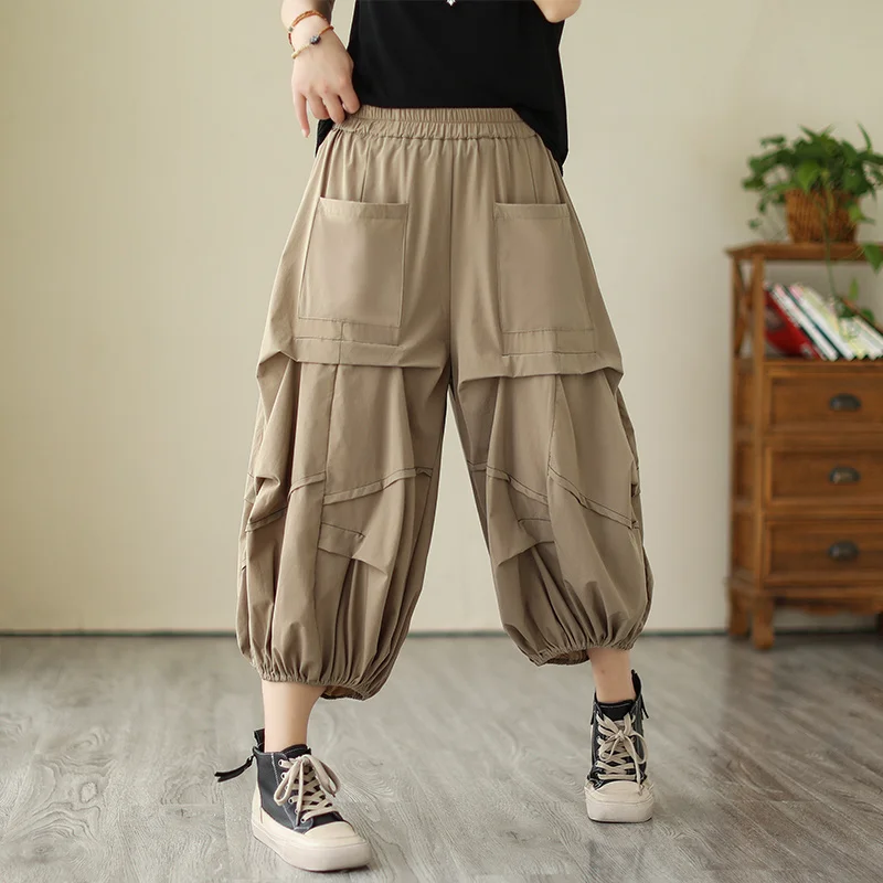 #2944 Summer Black Khaki Cargo Pants Women Multi-pockets Loose Streetwear Wide Leg Pants High Waist Asymmetrical Bloomers Pants