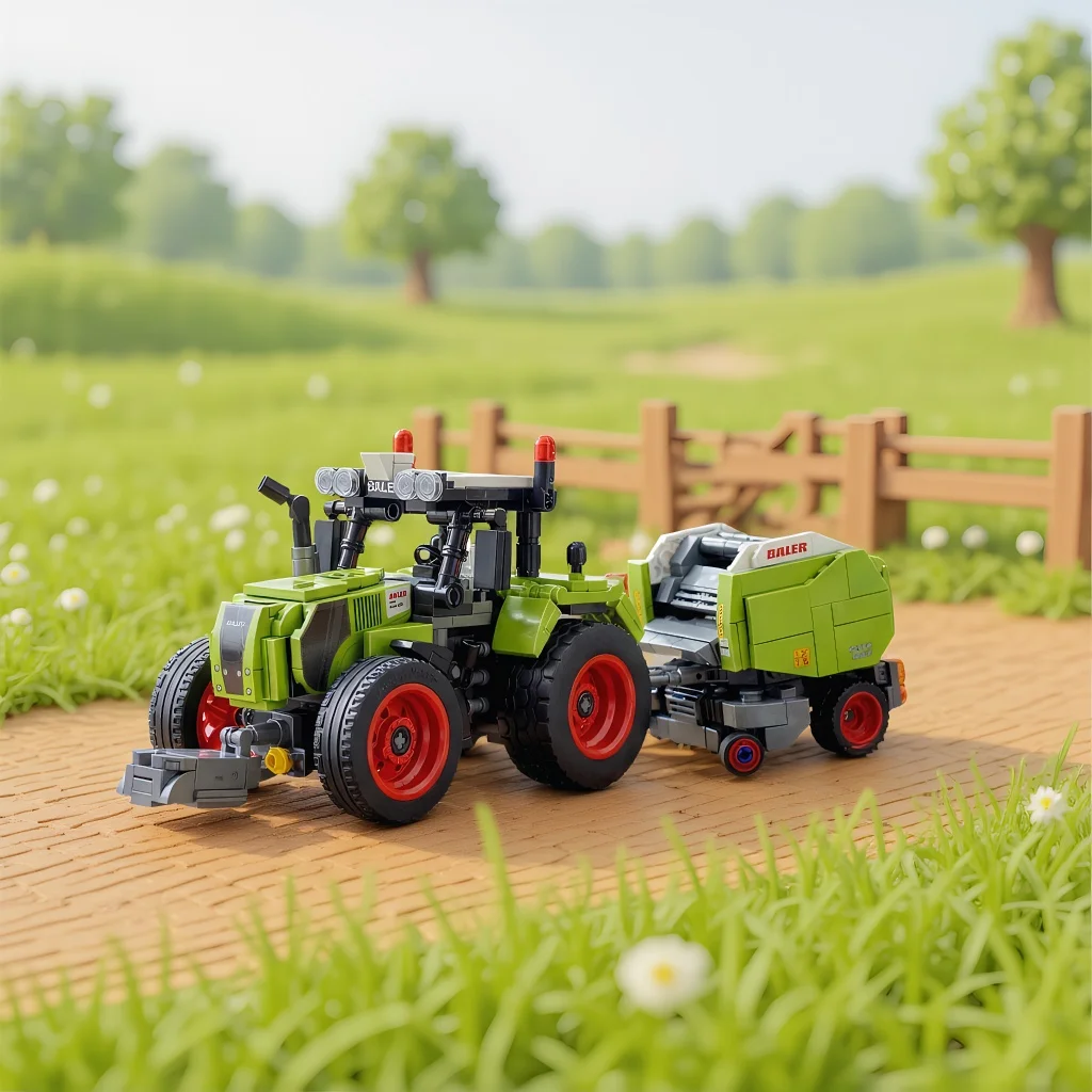 

Farm Tractor with Baler Building Blocks, Technic Agricultural Vehicle, DIY STEM Assembly Toy for Collectors