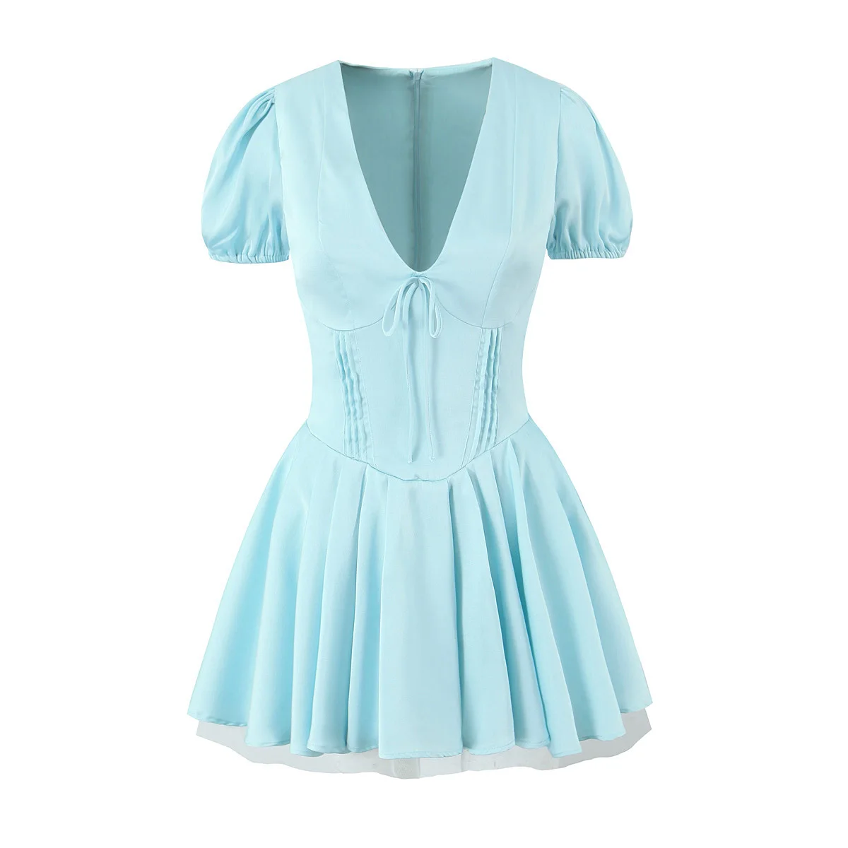 2024 Princess Aqua blue V Collar Low Chest Corset Style Mini Dress Short Puff Sleeve Women Ruched Pleated Hem Ball Gown Robe