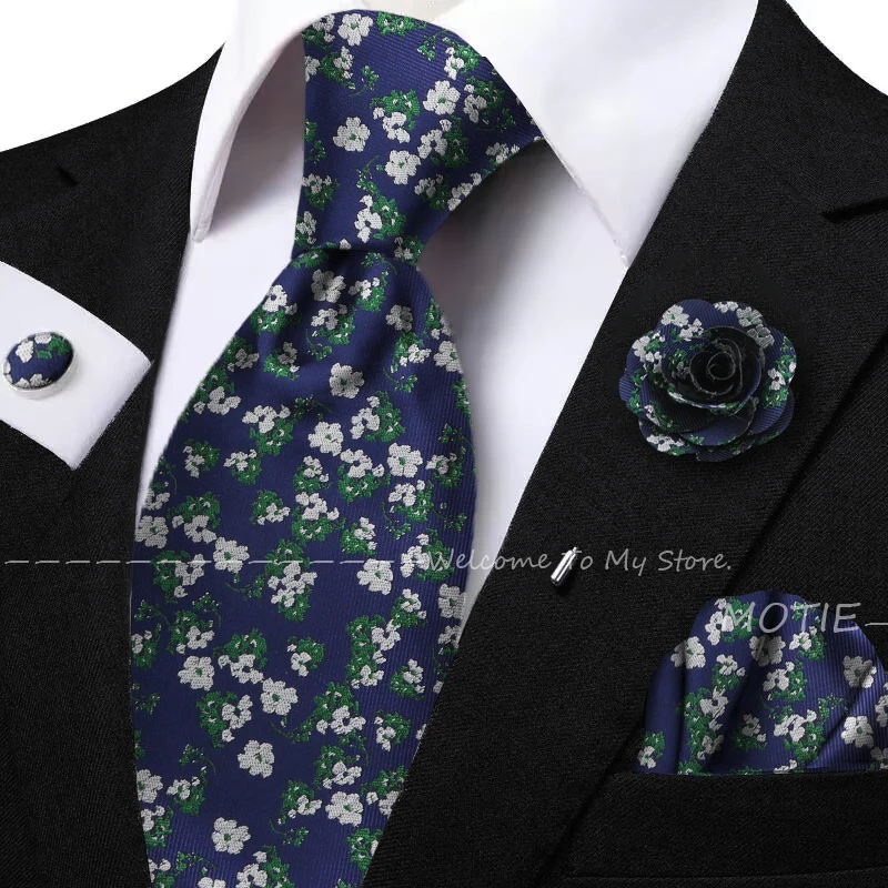 Beauty Flower And Plant Pattern Jacquard Tie Set Include Pocket Square Flower Brooch Cufflink For Shirt Dress Accessory And Gift