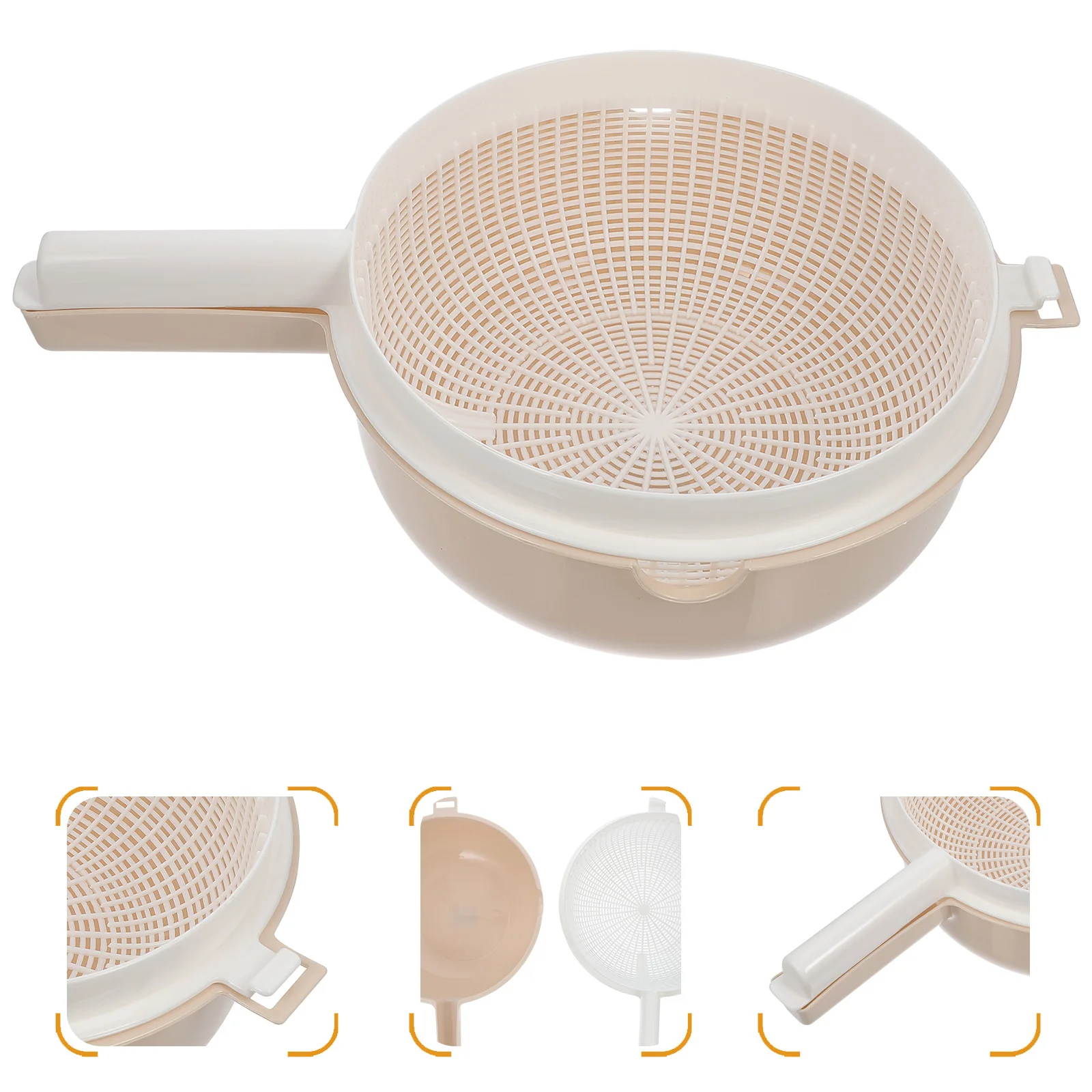 Vegetables Handle Drainer Basket Fruit Strainer with Cover Detachable Colander Beige Kitchen Pasta