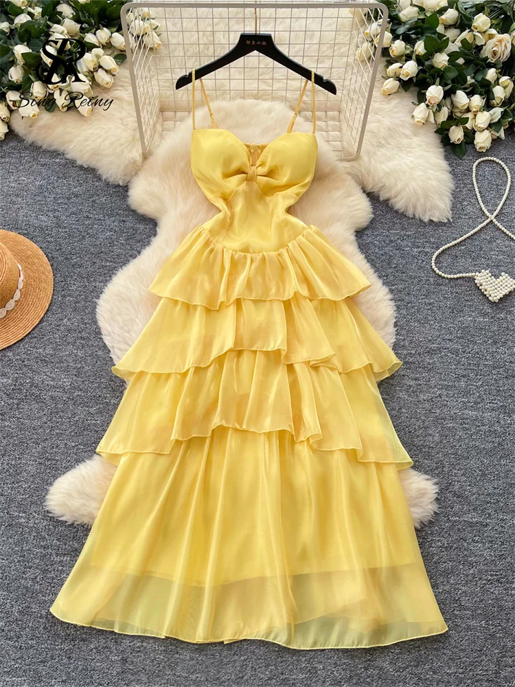 SINGREINY Shiny Chiffon Party Dress French Fairycore Slim A-Line High Waist Zipper Shirred Women Summer Vacation Cake Long Dress