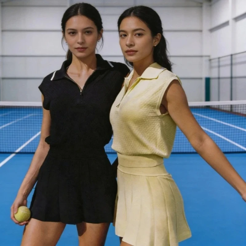 Women 2Pcs Tennis Outfit Polo Neck Half Zip Knit Crop Top Pleated Skirt Set Casual Sports Activewear Vintage Golf Golf Skirt set