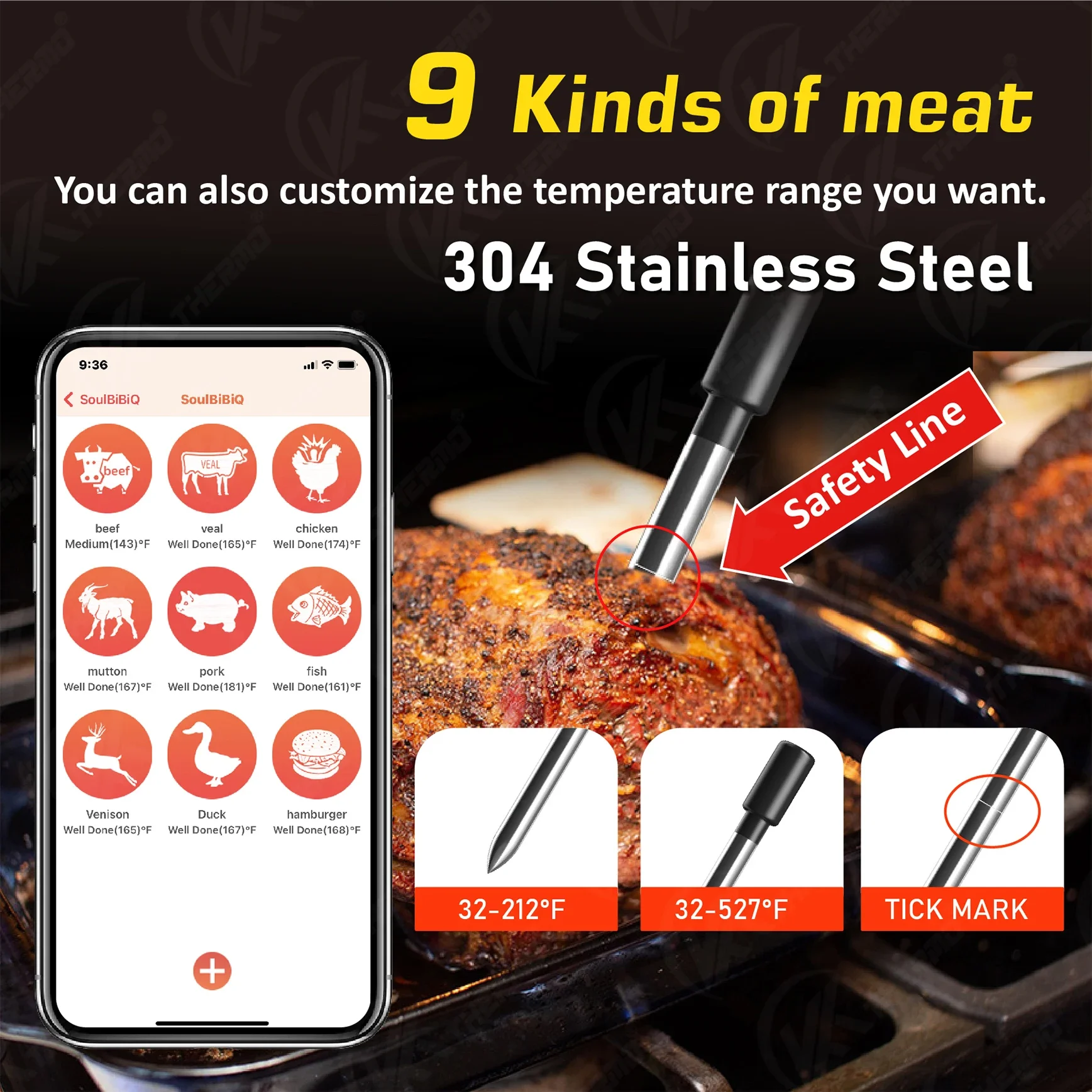 Wireless Meat Food Thermometer for Oven Grill BBQ Steak Turkey Smoker Kitchen Smart Digital Bluetooth Barbecue Waterproof