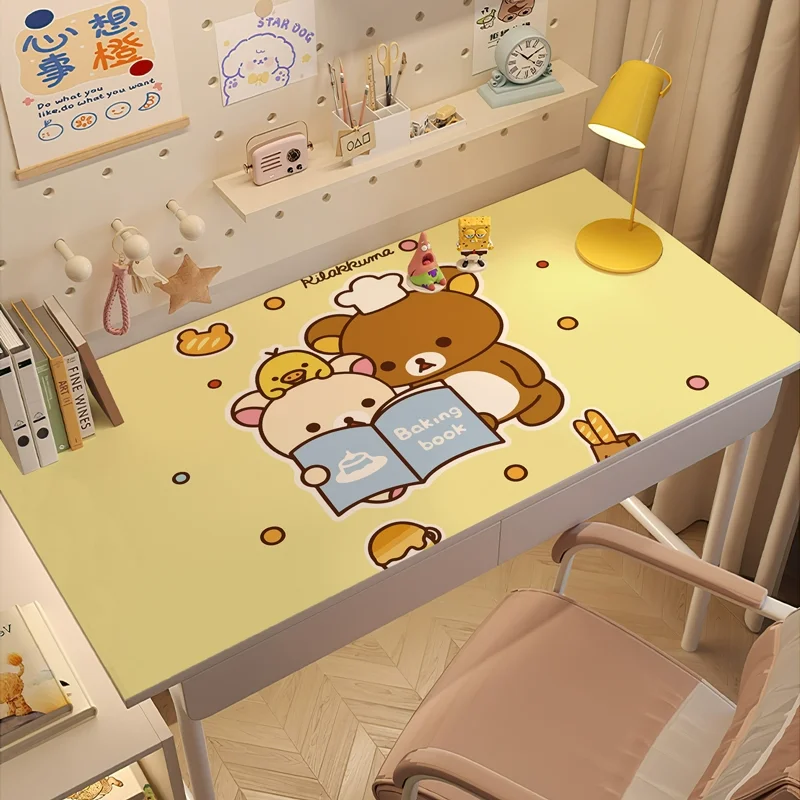 Kawaii Rilakkuma Cartoon PU Leather Desk Mat | Creative Waterproof Dining Table Pad for Student Dorm, Cute Study Desk Protector