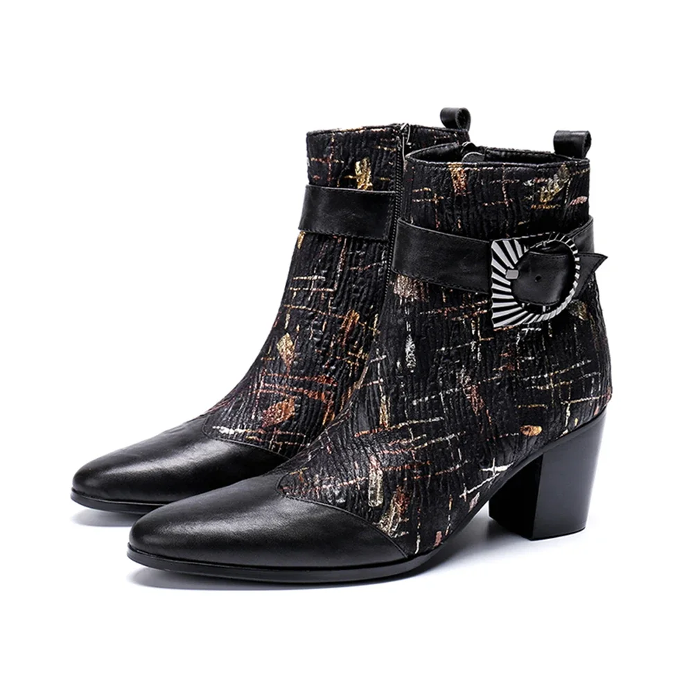 Black Red Patchwork Buckle Genuine Leather Thick High Heels Pointed Toe Zipper Boots Male Plus Size British Style Dress Shoes