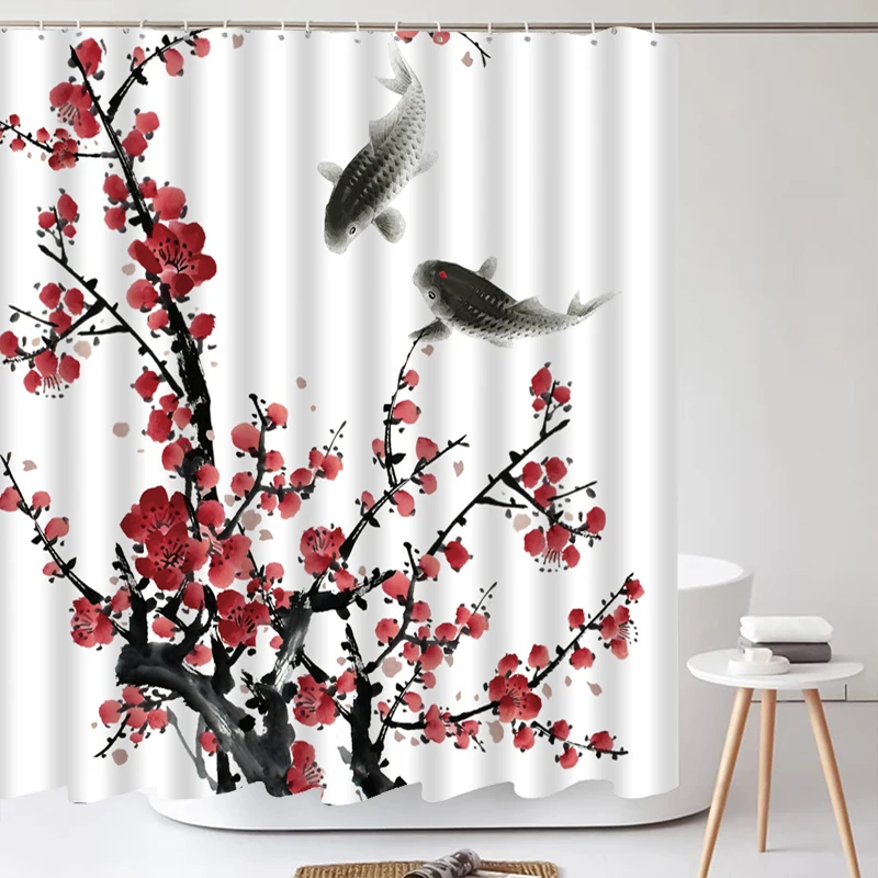 Japanese-style Flowers Plum Blossom Shower Curtains Bathroom Curtain Frabic Waterproof Polyester Bath Curtain with Hooks