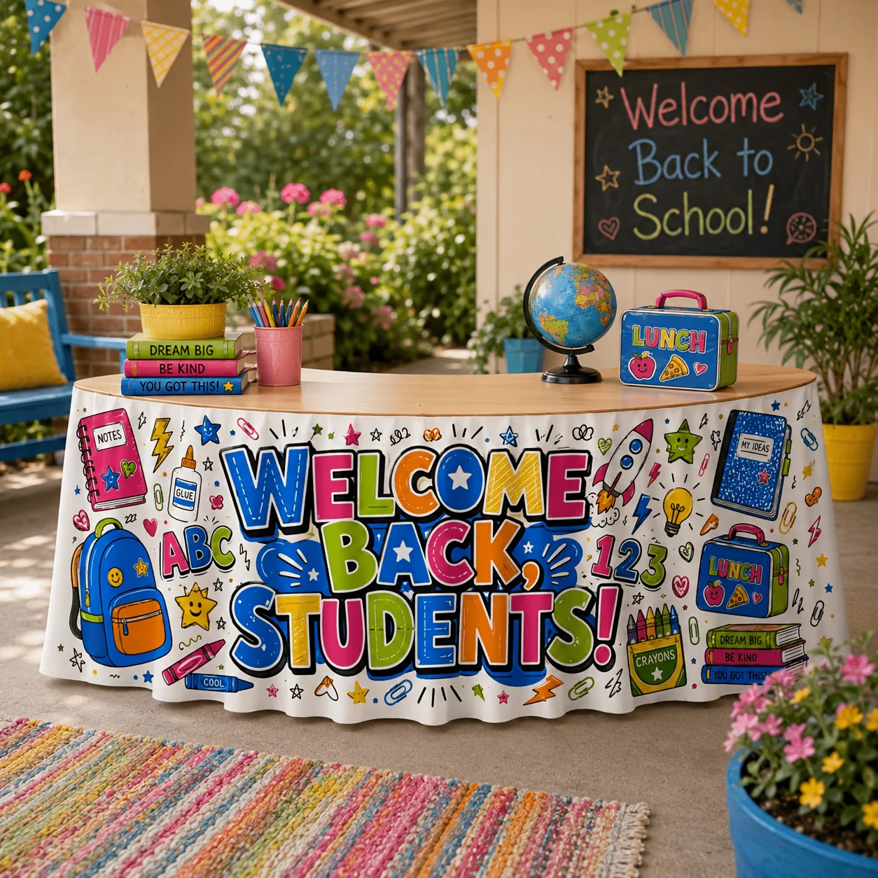 Send 1 table skirt, back-to-school graffiti printed table skirt, suitable for campus activities and class decoration