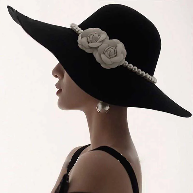 Elegant Black Fedoras Hats for Women Pearls Flower Decor Floppy Brim Church Wedding Dress Fascinator Hat Vintage Wide Brim Caps