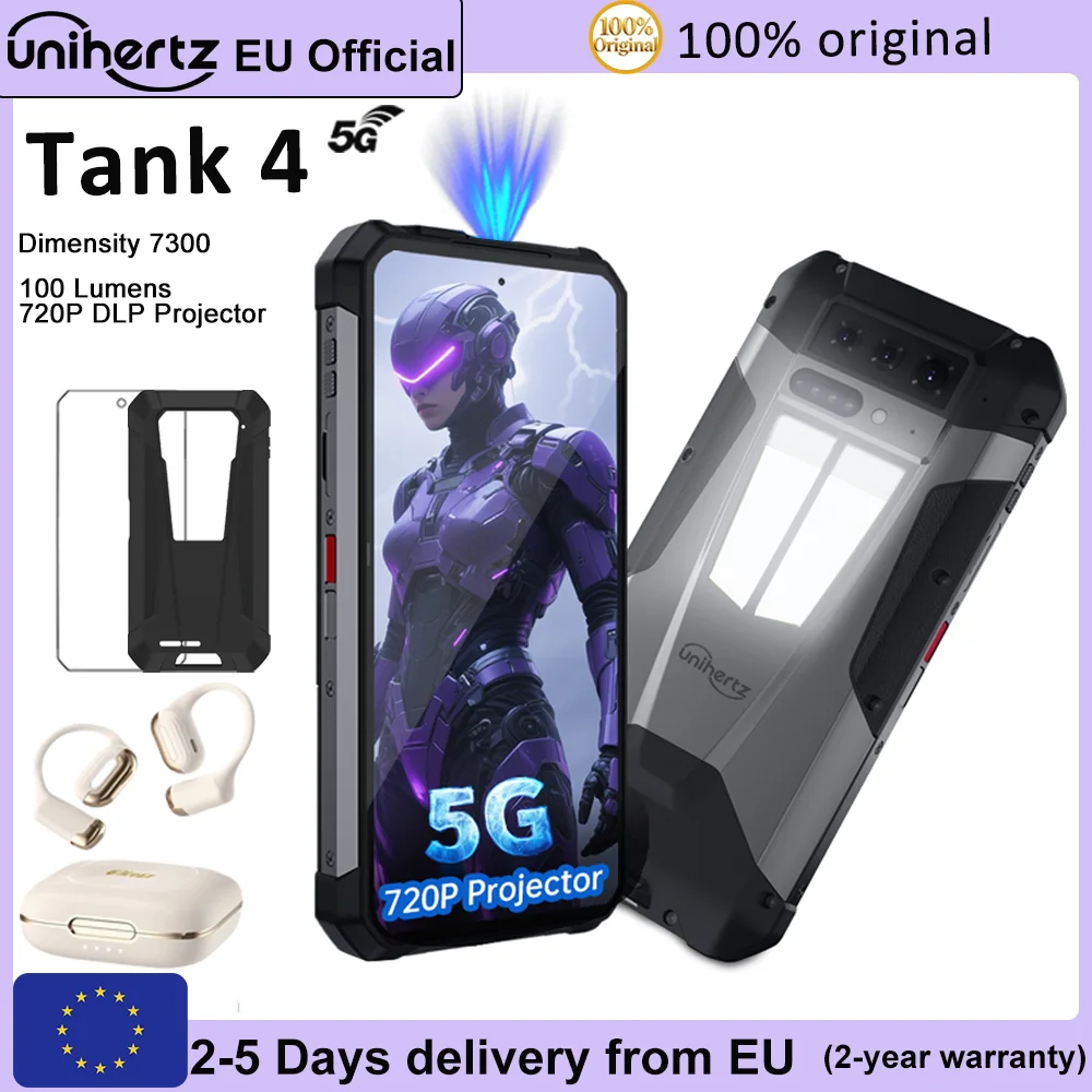 Smartphone Unihertz by 8849 Tank 4 5G avec projecteur 720P intégré, 24 Go de RAM, 512 Go de ROM, batterie 11600 mAh, processeur Dimensity 7300, écran AMOLED, Android 14