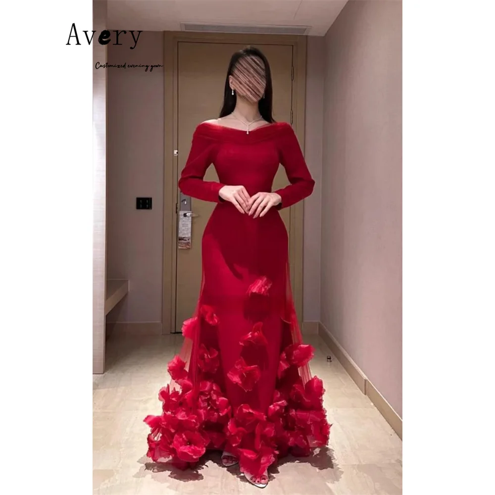 

Avery Custom Red Flower Long Sleeve Card Shoulder Evening Dresses Woman Elegant Party Evening Dress 2026 Ball Gown Dress Women's