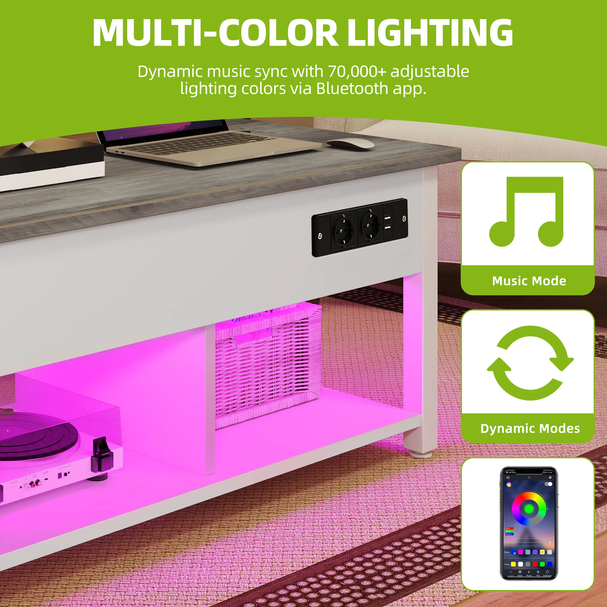 YITAHOME White/Grey Lift Table - Adjustable Height with 2 Storage Levels & Hidden LED Compartment