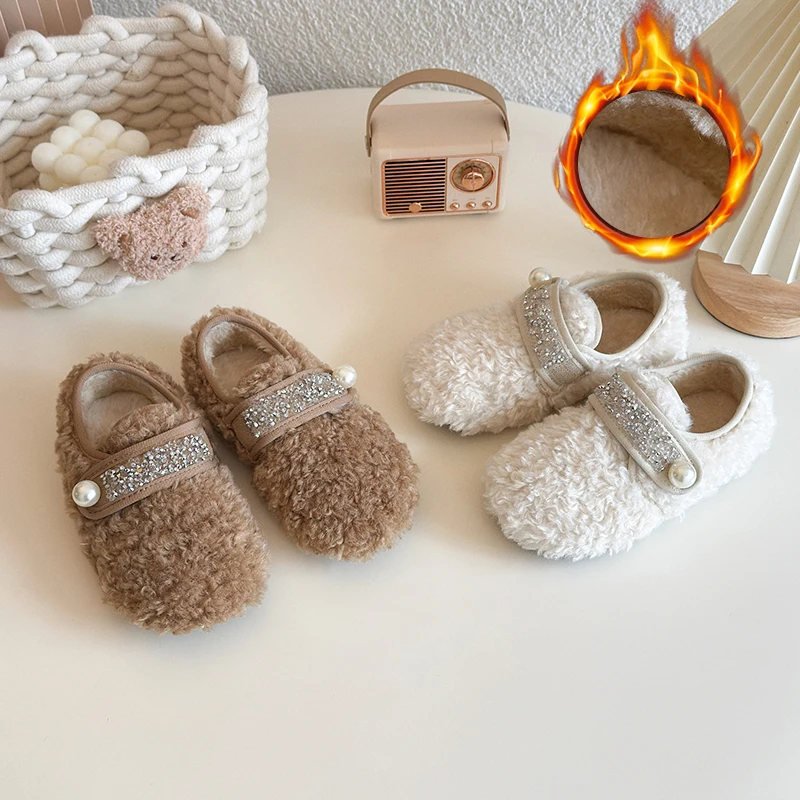 

Girls Plush Shoes Autumn Winter Warm Thermal Cotton-padded Kids Flats Children Casual Shoes Fluffy with Rhinestone Chic Sweet