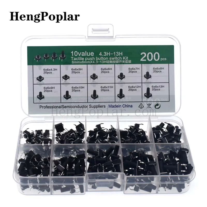 10 models=200pcs 6*6 Tact Switch Tactile Push Button Switch Kit Height: 4.3 5~13MM DIP 4P micro switch 6x6 Key switch