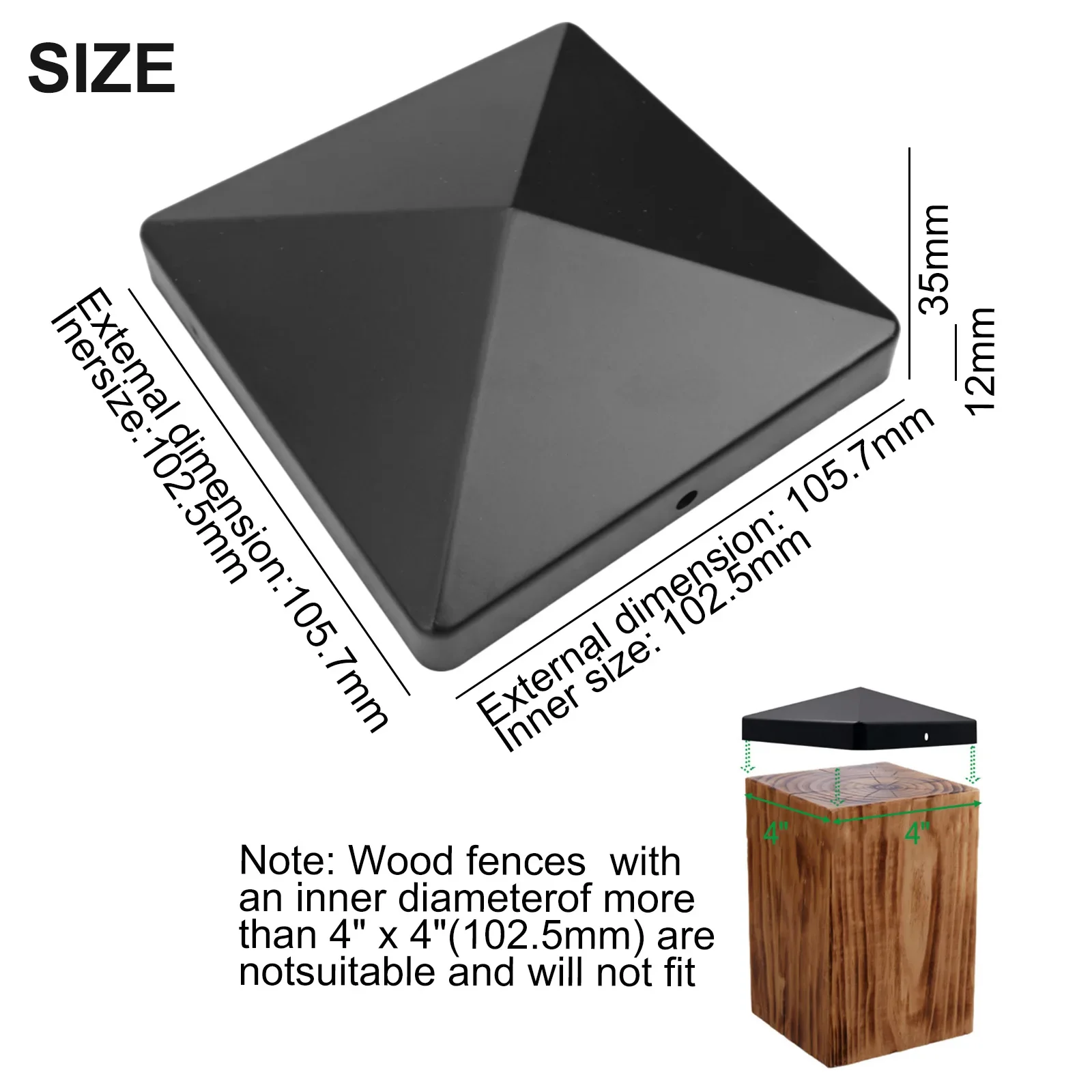4x4 Fence Post Cap Black Plastic, Pyramid Design Pre-Drilled, Weather Resistant UV Fade Proof, Easy Install