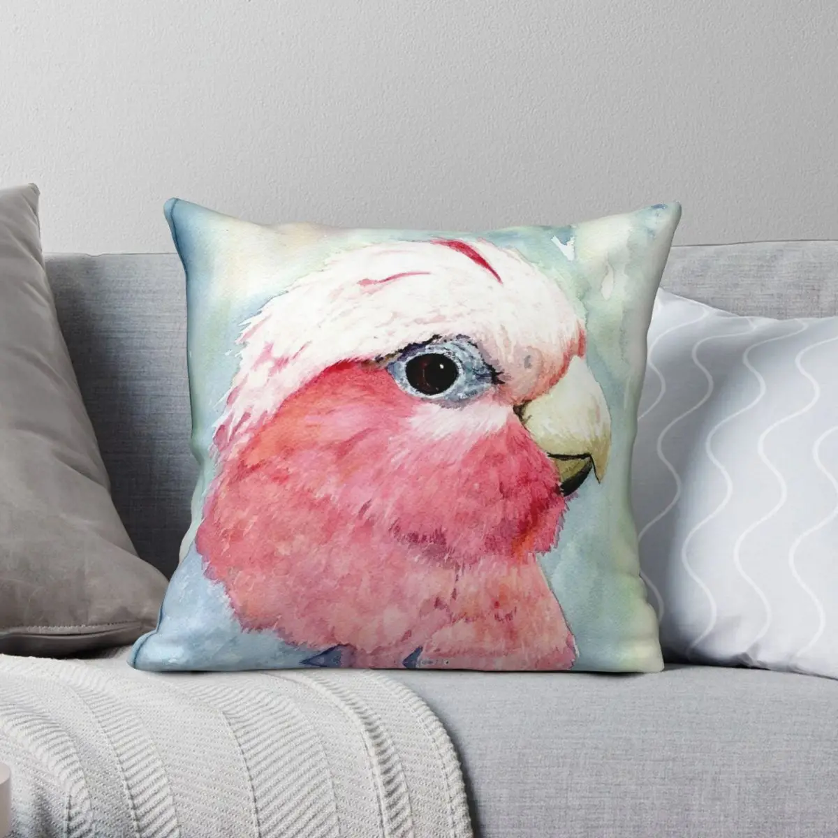 Australian Galah Cockatoo Watercolour Square Pillowcase Polyester Linen Velvet Creative Zip Decor Sofa Cushion Cover