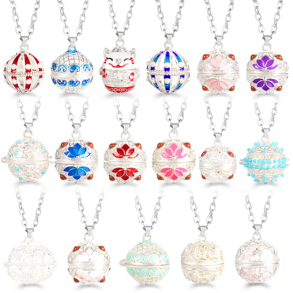 Mexico Chime Oil-Painted Flower Aromatherapy Silver Pendant Essential Oil Diffuser Glowing Ball Woman Necklace Accessories Gift