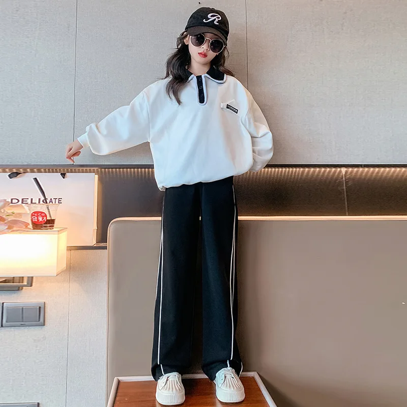 

Korean Children Girls Suits 2025 Autumn Sports Suit Pullover Sweatshirt + Wide-leg Sports Pants Sets For Teenager Girl 2 Pieces