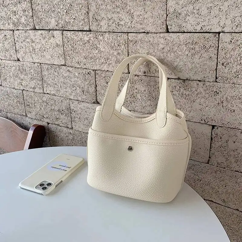 Korean Solid Color Handbag Women Minimalist Soft Leather Pebbled Texture Bucket Shoulder Ladies Casual Commute Crossbody Bag