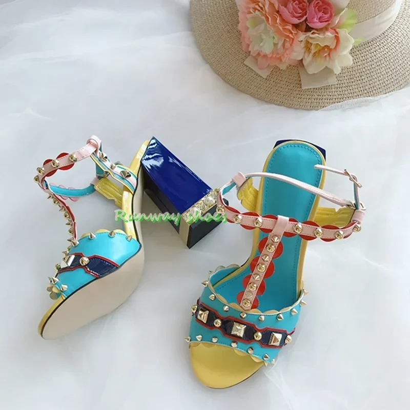 Rhinestone Pearl Heels T-strap Women's Sandals Round Head With Exposed Toe Color Blocking Color Blocking Luxury Handmade Shoes