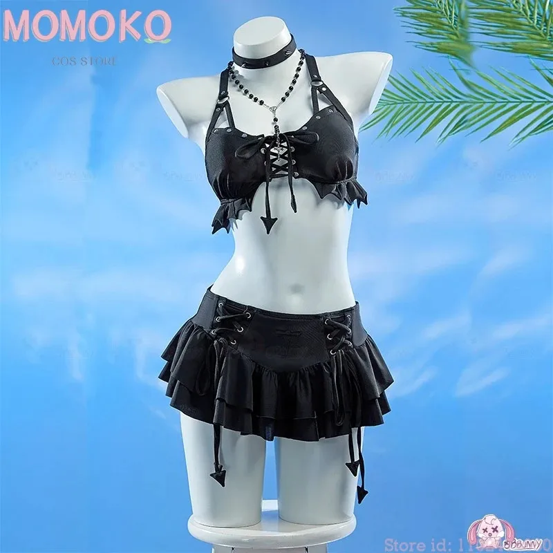 

CyMiss Misa Хэллоуин Готический Черный Верх Юбка Купальники Death Niche Сплит Купальник Note Косплей Костюм и Парик Демон DOujin Аниме