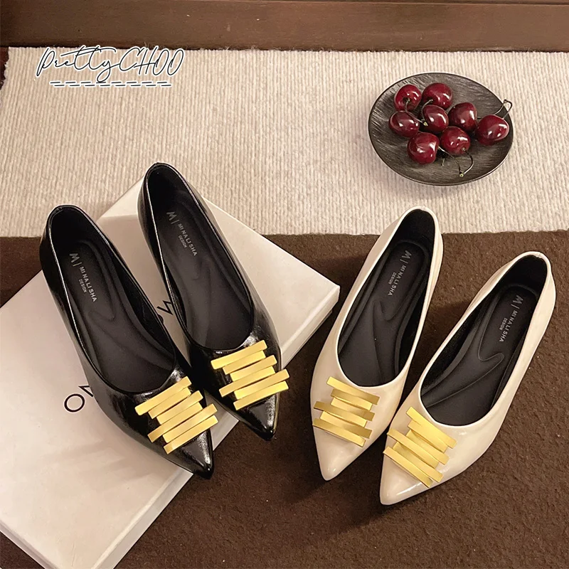 Zapatos de Ballet de Piel con Punta en Pico para Mujer, Diseño de Marca, Mocasines con Hebilla Dorada, Elegantes Zapatos Planos Sin Cordones con Plantilla Confortable