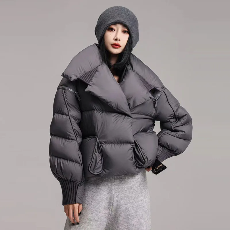 2025年冬 パフジャケット レディース ショート丈 ホワイトダックダウンコート 女性用 ストリートウェア 暖かいパーカー 取り外し可能な袖 アウター