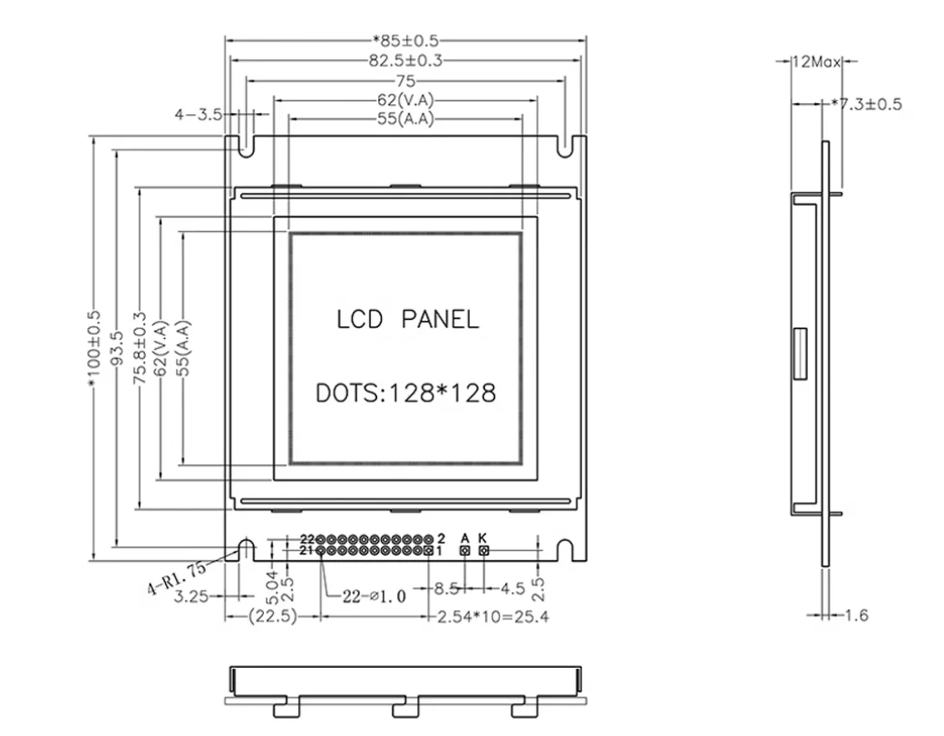 SYB 128128   LCD ディスプレイ 22PIN 128x128 マトリックス モジュール MFC-G 128128 DPSY-1