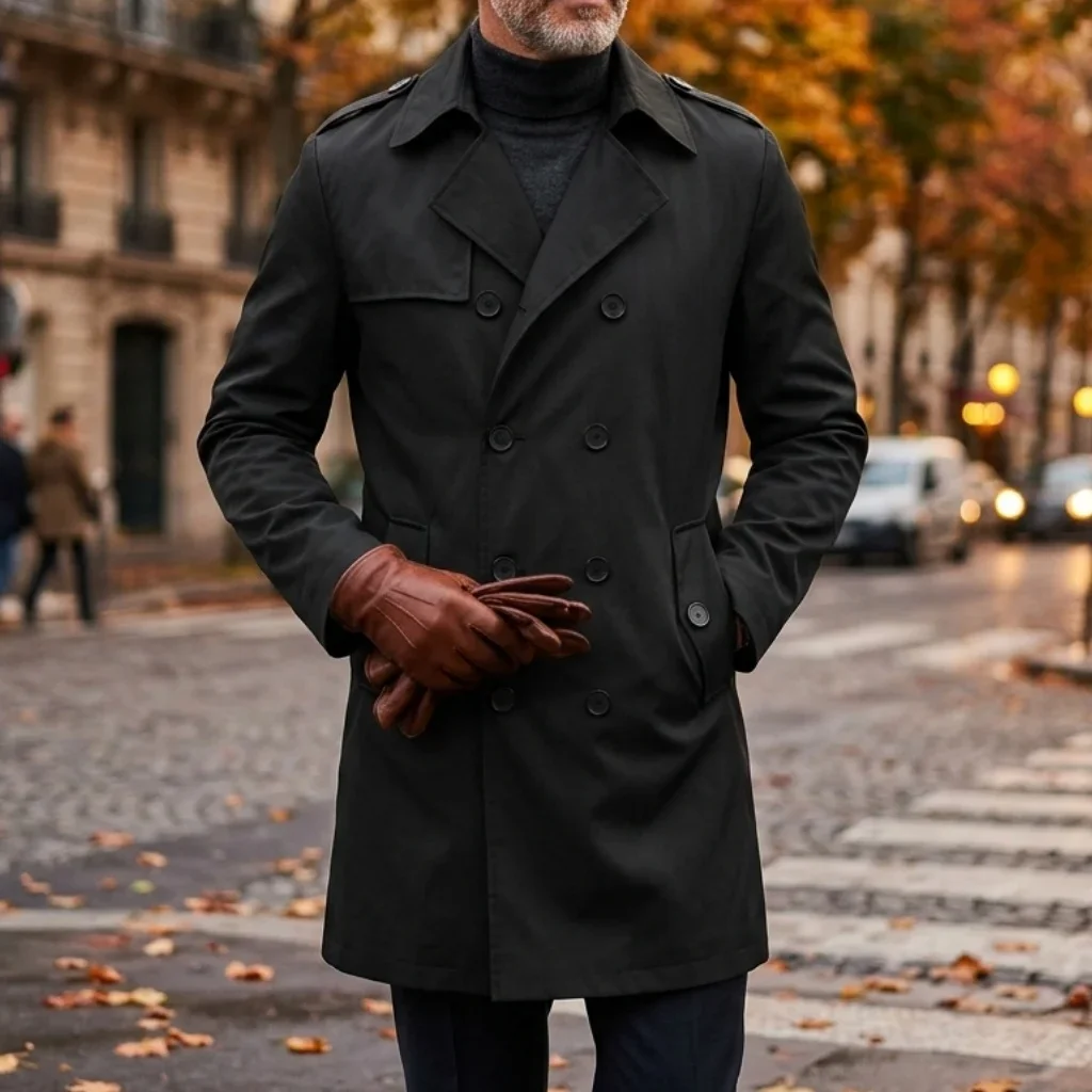 Herbstliche Herren-Windjacke: Dünne, zweireihige Jacke mit Epauletten – Mittellange Outdoor-Reise-Windjacke für Herren – Detail 9