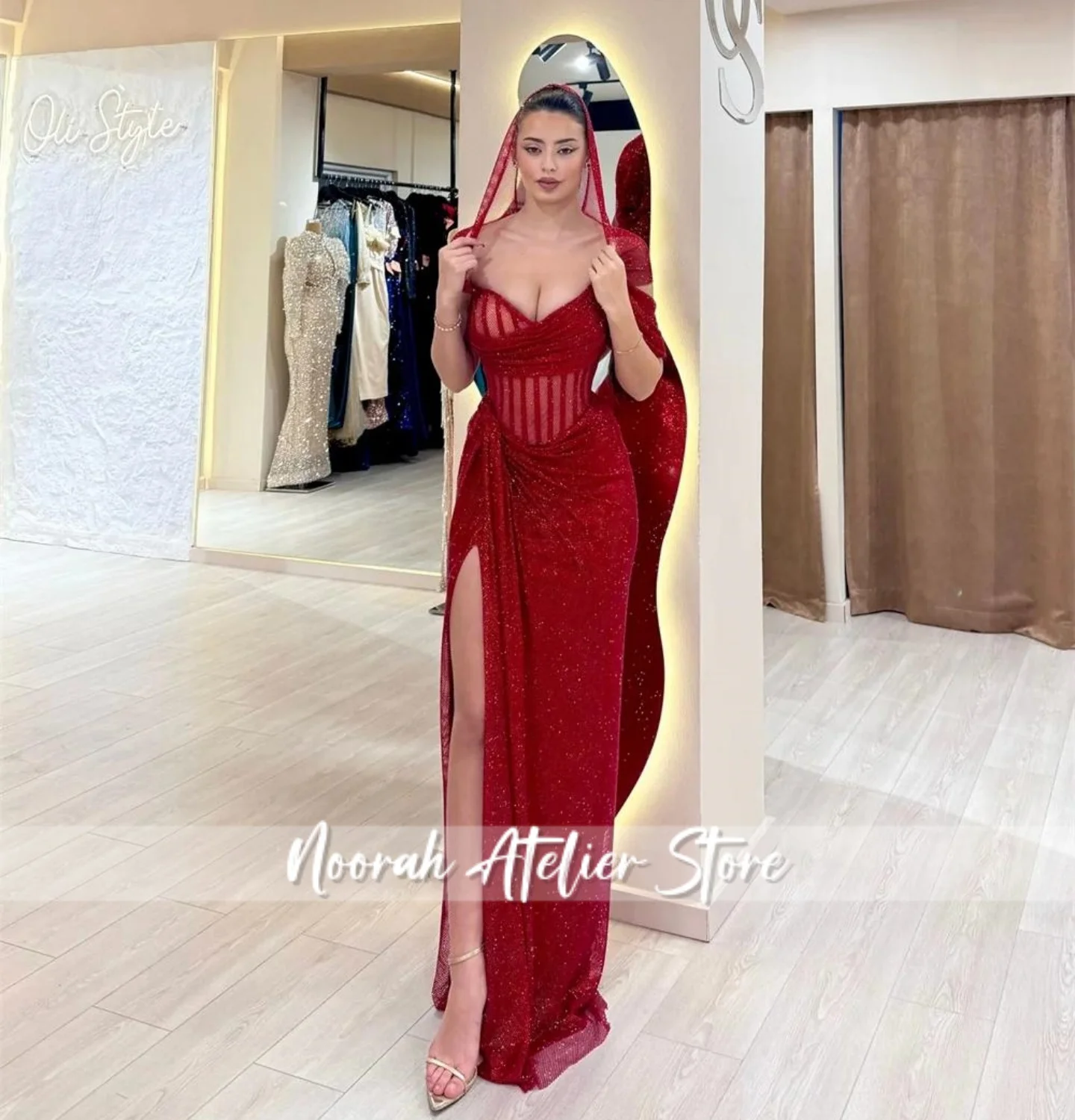 

Burgundy Off Shoulder Side Split Prom Dress Sheath Sleeveless vestidos de noiva Elegant Glitter Formal Evening Customized
