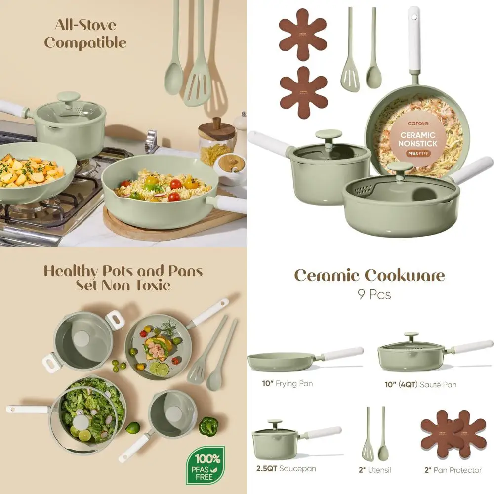 

Green 9-Piece Nonstick Ceramic Cookware Set, Oven and Dishwasher Safe, Ideal for RV and Camping, Includes Sauce Pan with Lid