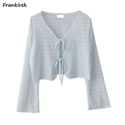 Women Blouse Lace Up Solid Colors Sun-proof Breathable Versatile V-neck Fairycore Temper Summer Long Sleeve Korean Style Slouchy