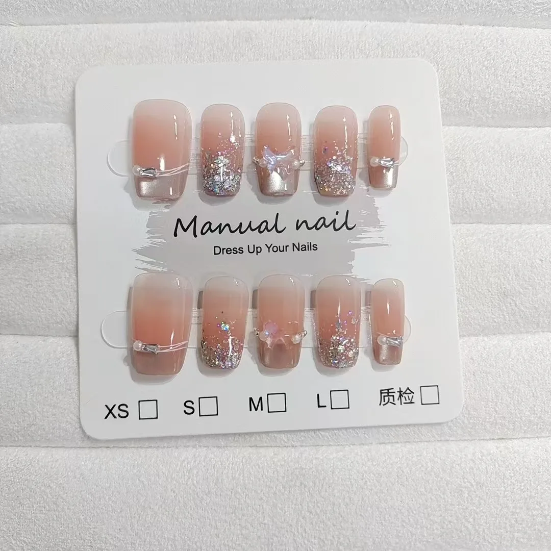 

10pcs Handmade Press On Nails Sweet Bowknot French Long Fake Nails For Women Girl Wearable Shiny Cat Eye Bride False Nail Tips