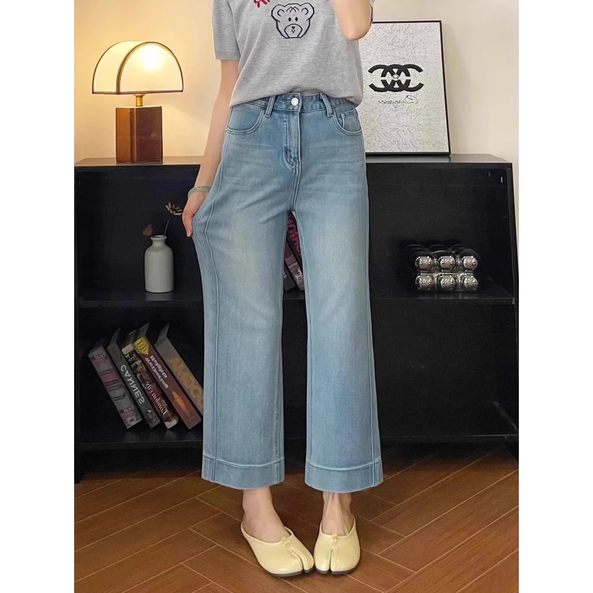 

Голубые прямые джинсы с высокой талией, женские свободные утягивающие широкие брюки больших размеров, повседневные универсальные брюки на четыре сезона