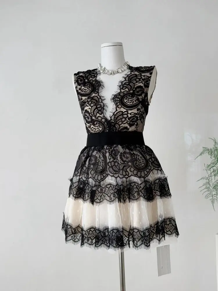 

Women's Polka Dot Mesh Lace Patchwork Elegant Designer Short Dresses With Built-in Bra Summer Party Evening Dress Sexy Fashion