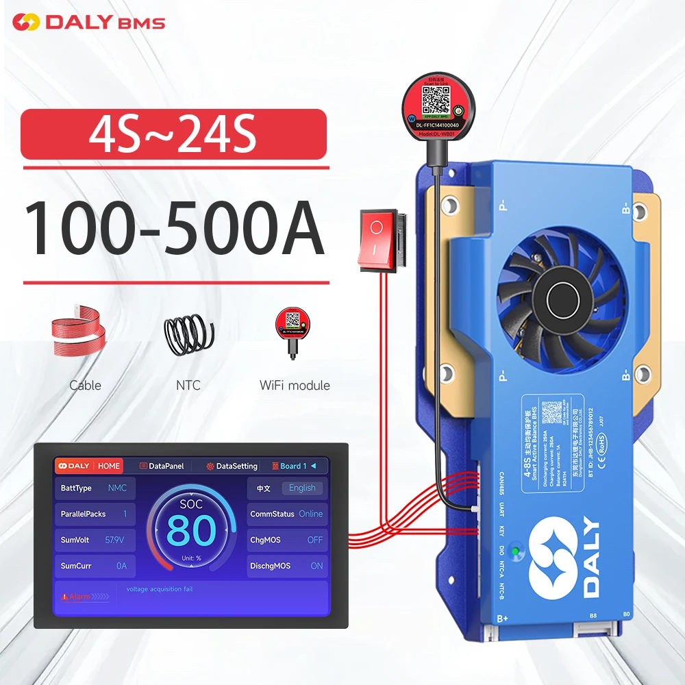 DALY Smart BMS LiFePo4 4S 12V 8S 24V 16S 48V 100A 150A 200A 300A 500A Équilibrage Actif 1A BMS avec LCD RS485 UART WIFI KEY
