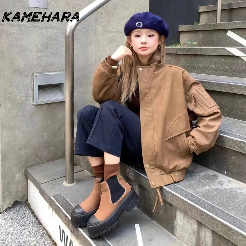 

KAMEHARA 2025 куртки-бомберы для женщин, верхняя одежда, замшевое пальто, женская уличная одежда, праздничные женские пальто Y2k, кожаная куртка на молнии, женская куртка