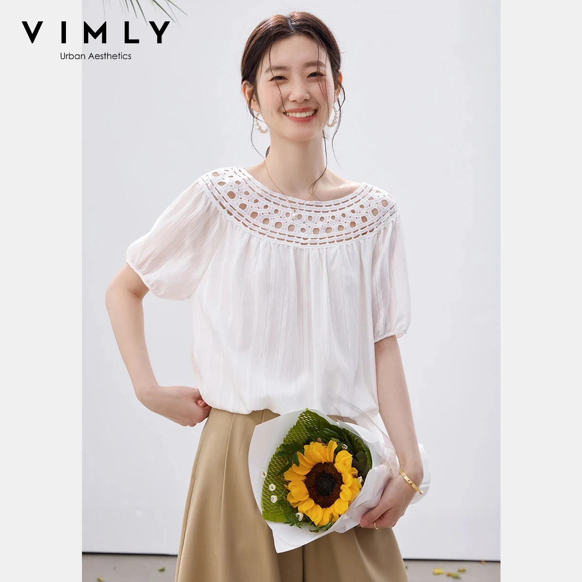 

VIMLY Elegant Off Shoulder Short Sleeve Blouses for Women 2026 Summer New Geometric Cut Out Lace Puff Sleeve Chiffon Shirt A6200