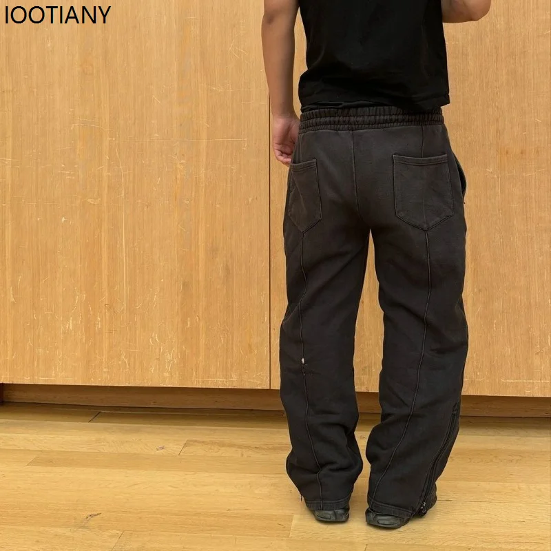 Black American Pants Hip-hop Drawstring Sweatpants Elastic Waist Sweatpants Loose Solid Color Casual Harajuku Street Trend 2025